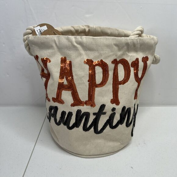 Mudpie Halloween Dazzle Bucket Tote Happy Haunting Sequin Trick or Treat NEW - Picture 3 of 15